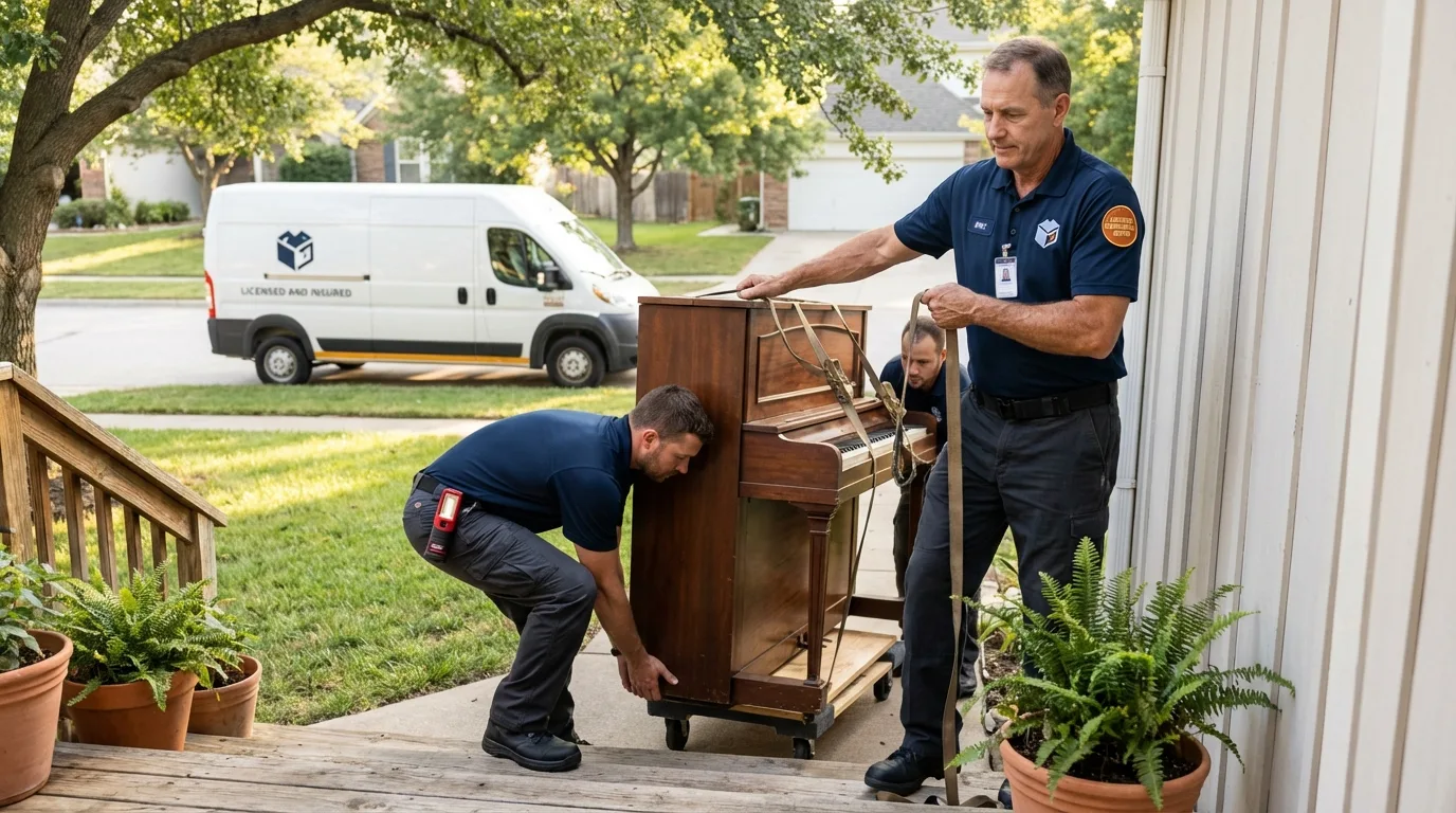 Licensed piano movers securing grand piano in New Kent, VA