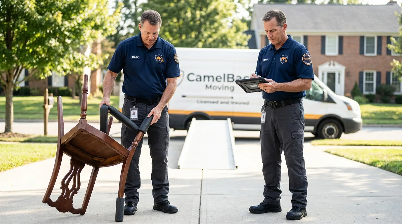 Movers inspecting furniture for damage prevention before loading in New Kent, VA
