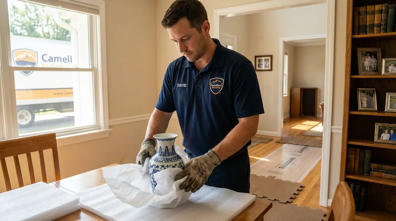 Professional crew carefully wrapping antique vase for senior downsizing move in New Kent, VA